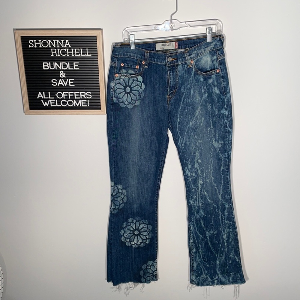 Custom Bleached Levi's 515 Boot Cut Jeans with Raw Hem Size 10